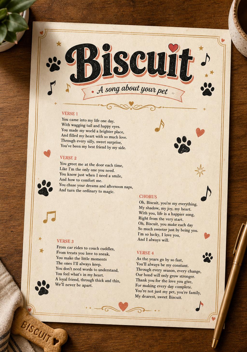 Sample printable lyric sheet for Biscuit showing verses, chorus and custom song title