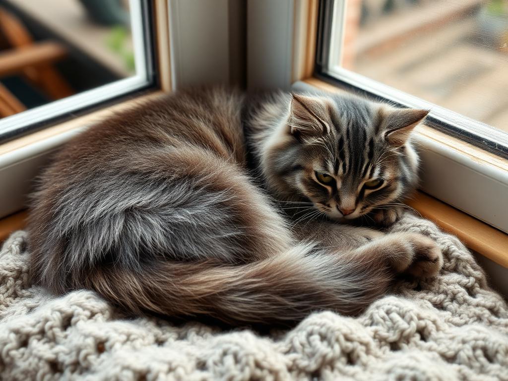 Fluffy grey tabby cat Mochi curled up on a knitted blanket by a window