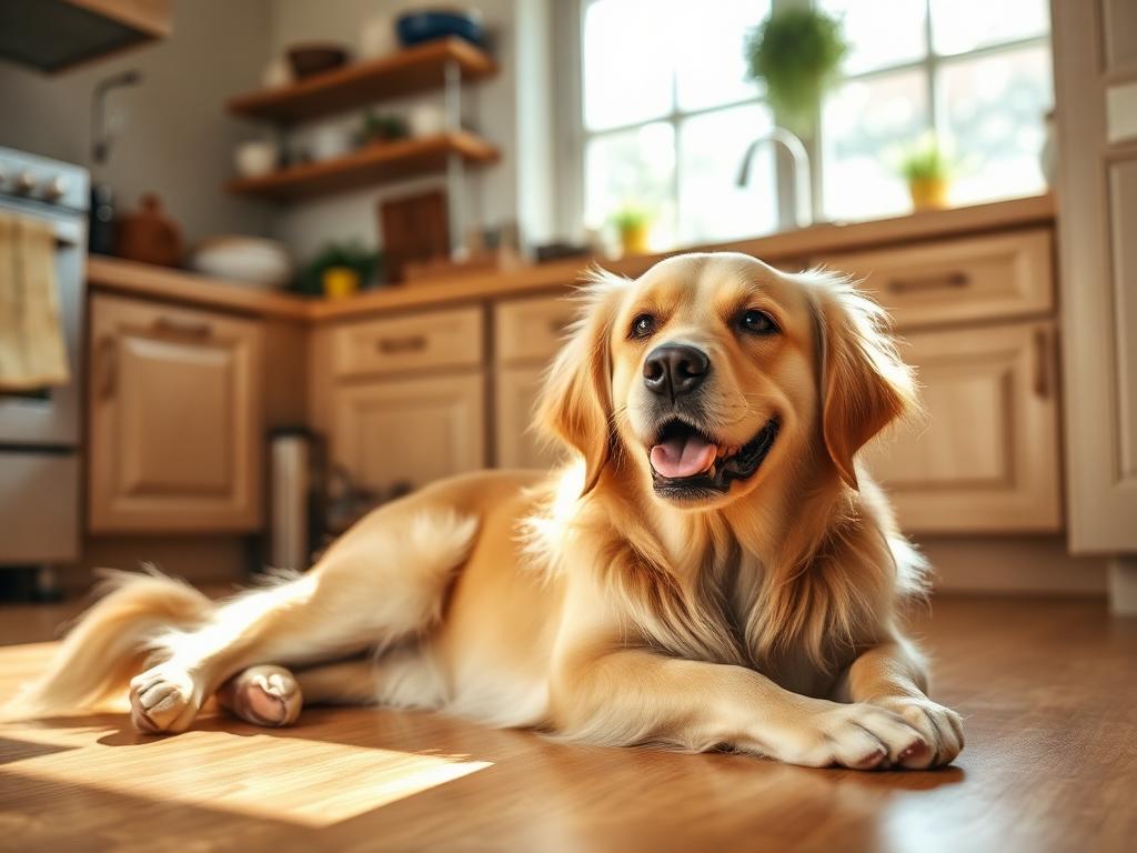 Golden retriever Baxter lying happily on a sunny kitchen floor