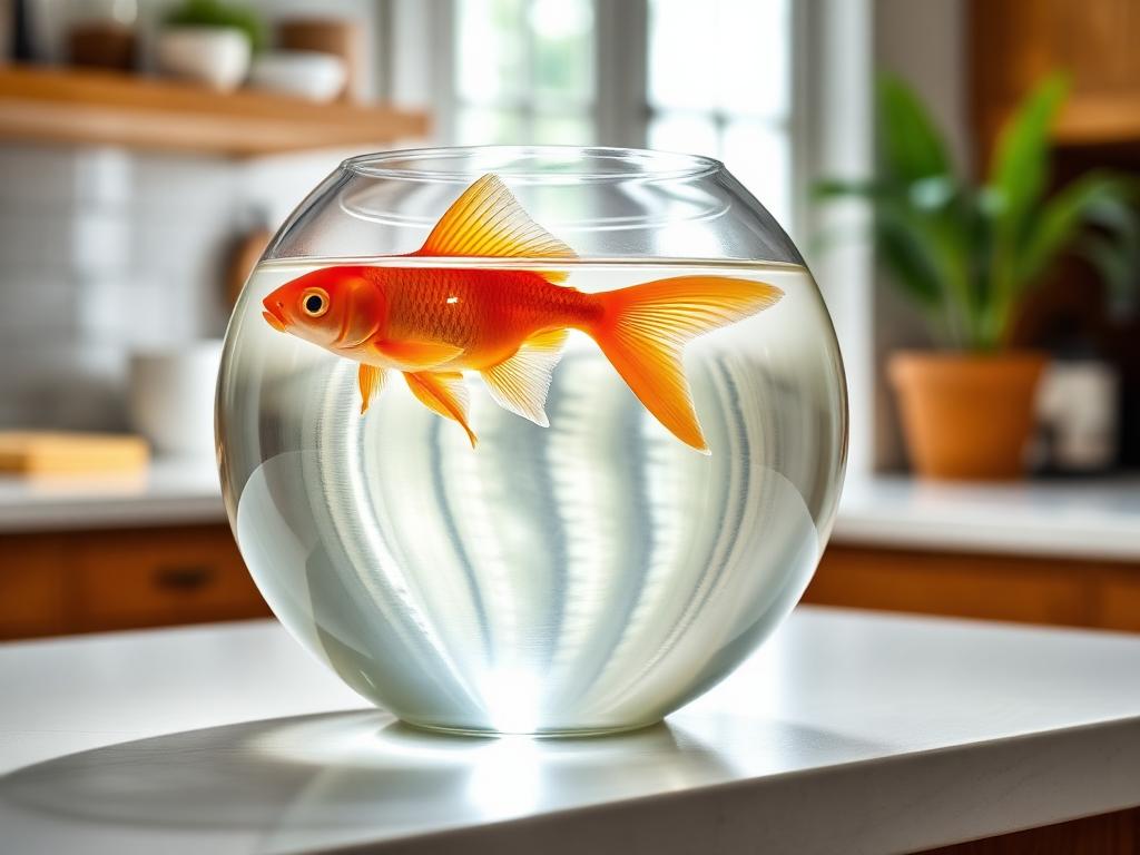 Orange goldfish Captain Bubbles swimming in a round glass bowl on a kitchen bench